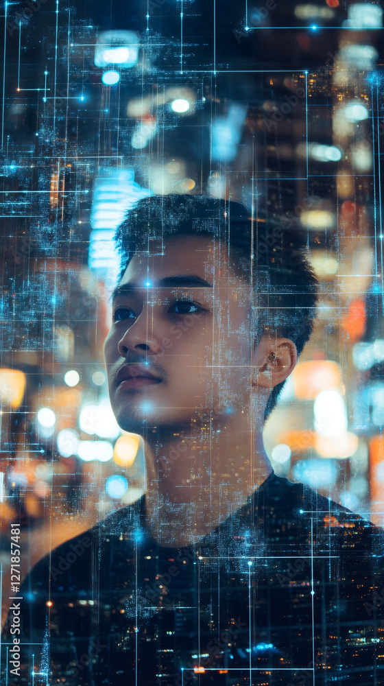 Aufkleber Young man analyzing holographic futuristic user interface in a smart city, concept of augmented reality and metaverse