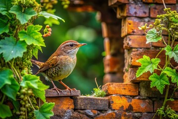 Eurasian Wren Bird in Urban Decay,  Hidden Wildlife, Tiny Songbird in Ruins,  Nature Photography