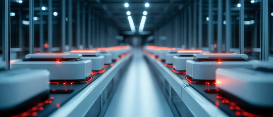 A futuristic warehouse scene with automated devices on a sleek conveyor system, illuminated by ambient red lights and a streamlined design.