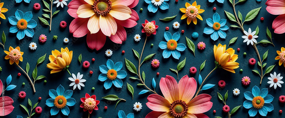 Poster a colorful floral pattern is displayed on a blue background. the flowers are arranged in a way that 