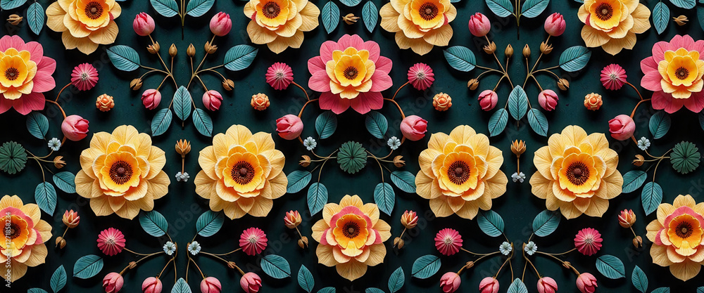 Poster a colorful floral pattern is displayed on a blue background. the flowers are made of paper and are a
