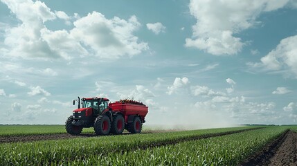 Fototapeta premium Red Tractor Spraying Crops in a Lush Green Field Under a Sunny Sky