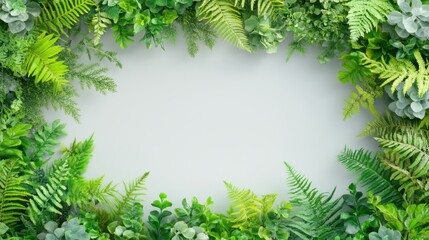 A Verdant Embrace: An overhead view of vibrant green foliage arranged in a circular formation, creating a natural frame. Lush, various textured leaves encloses an empty space.