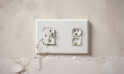 Damaged electric outlet protruding from white plaster, broken appliance, electrical mishap, frayed cable