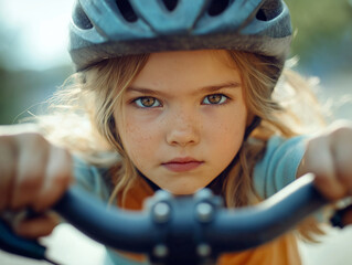 Girl with helmet riding bicycle focused and determined
