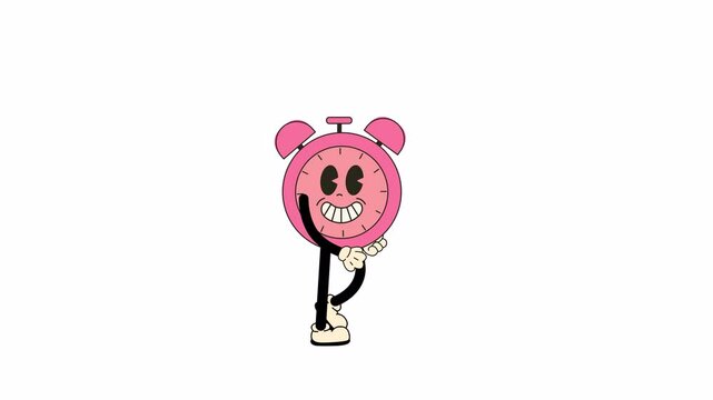 Groovy Retro Cartoon Alarm clock Character, walking in a seamless loop animation. Transparent background for easy use in designs and overlays