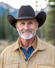 Fototapeta premium Smiling elderly cowboy with black hat and rugged jacket in outdoor mountain landscape