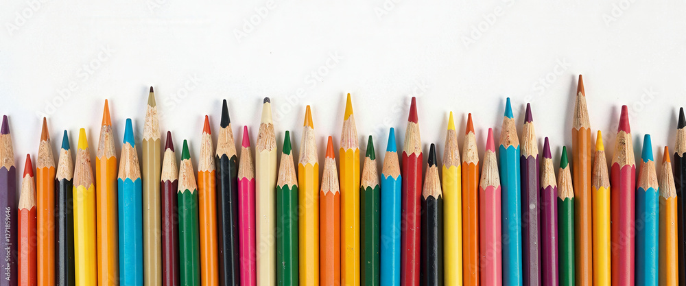 Poster a row of pencils of various colors. the pencils are lined up in a row, with the colors ranging from 