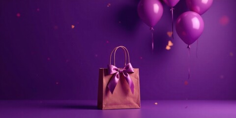 Fototapeta premium A mauve gift bag with a purple ribbon bow sits on a purple surface, adorned with floating purple balloons and confetti, symbolizing celebration and gifting