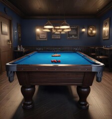 Dark wood pool table with blue cloth and scattered balls in a dimly lit biker bar, dimly lit, dark wood