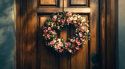 A close-up of a spring flower wreath hanging on a wooden door, with soft natural lighting.