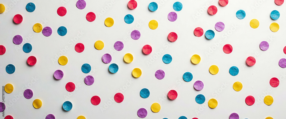 Poster a colorful pile of confetti with a white background. the confetti is in various colors and sizes, cr