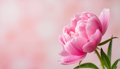 Fototapeta premium Close-up of pink peony flower with dewdrops, natural beauty, for Valentine's Day, Happy Women's Day, Mother's Day, Birthday, copy space