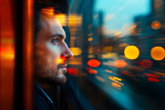 A man looks out the window of a moving train, blurred city lights behind the glass, the reflection of a face in the glass, slight nostalgia, a minimalistic scene. 