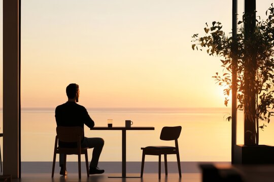 A man is sitting at a table in a small seaside cafe, drinking coffee, looking at the sea, morning light, minimalistic interior.