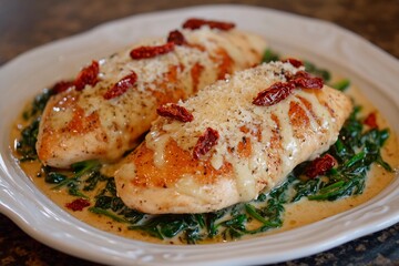 Grilled chicken breast served with creamy spinach and sun-dried tomatoes on a delightful platter