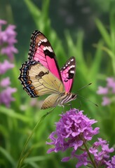 Naklejka premium Delicate butterfly perched on a vibrant lilac pink and purple wildflower amidst lush green grass, fauna, wildlife