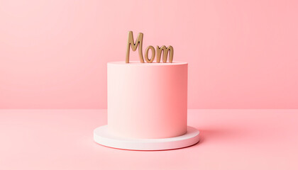 Round cake celebrating Mom on pink background, family love for Mother's Day with copy space