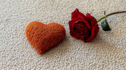 Valentine's Day Romantic Still Life: Hand-Crafted Heart and Red Rose on Beige Carpeting