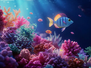 Fototapeta premium Vibrant Underwater Coral Reef with Colorful Fish and Marine Life – Tropical Ocean Panorama for Diving and Snorkeling