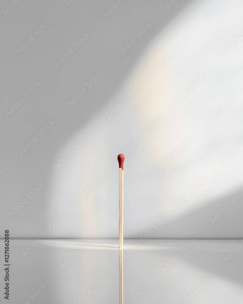 Poster matchstick stands alone on a reflective surface under soft light in a minimalist setting