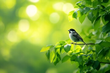 Sparrows on the green branches of trees. 