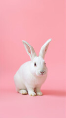 Obraz premium Cute white rabbit on isolated pink background