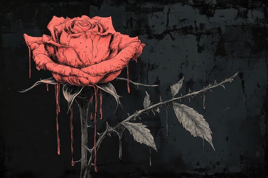 Bleeding rose artwork against a dark textured background