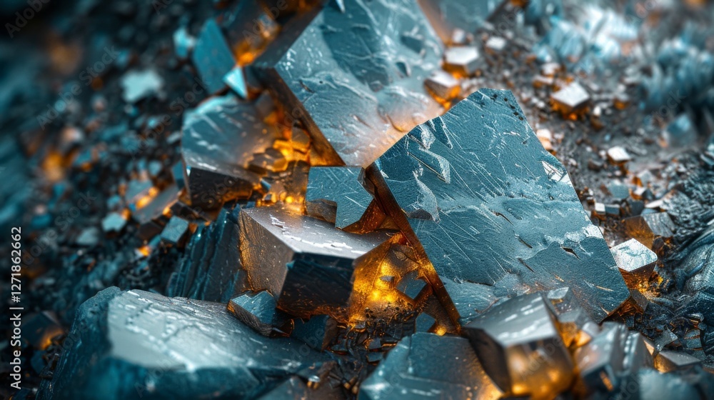 Aufkleber Metallic mineral formations sparkle with orange luminescence in a dark environment, showcasing their intricate textures and dynamic colors. This captivating arrangement captivates the viewer.