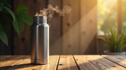 A steaming metal water bottle rests on a rustic wooden table, bathed in warm sunlight
