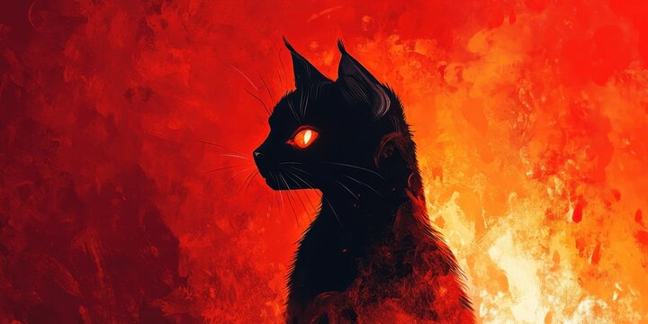 Silhouette of a dark cat with fiery background design