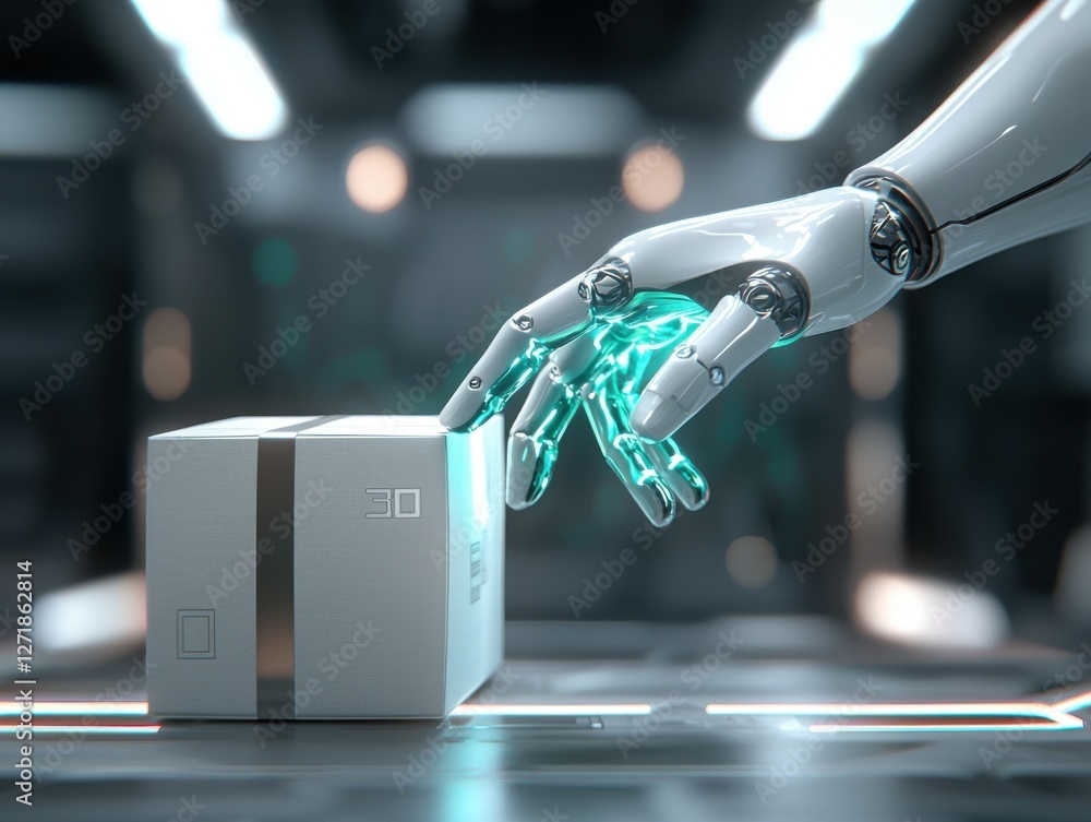 Poster e-commerce transaction automation. a robotic hand reaching for a futuristic package in a high-tech e