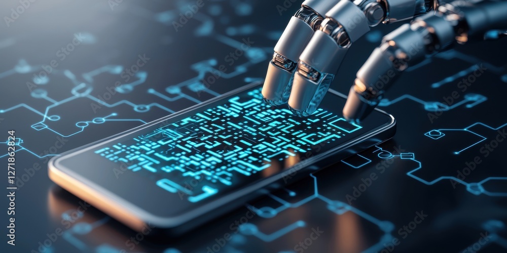 Aufkleber e-commerce transaction automation. a robotic hand interacts with a smartphone, symbolizing technolog