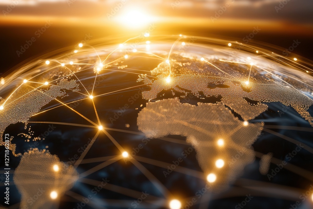 Poster e-commerce transaction automation. glowing globe with interconnected networks and sunrise backdrop, 