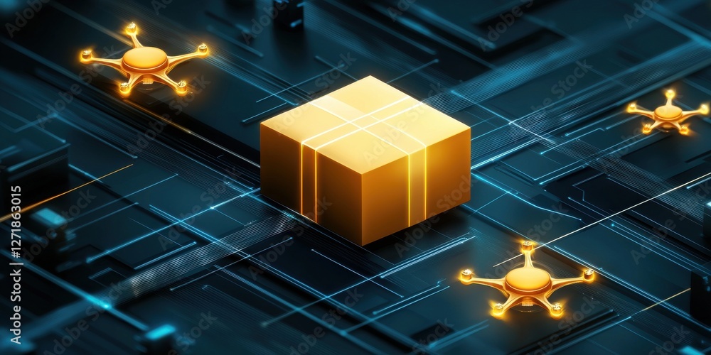Poster e-commerce transaction automation. golden package surrounded by drones on a digital circuit backgrou