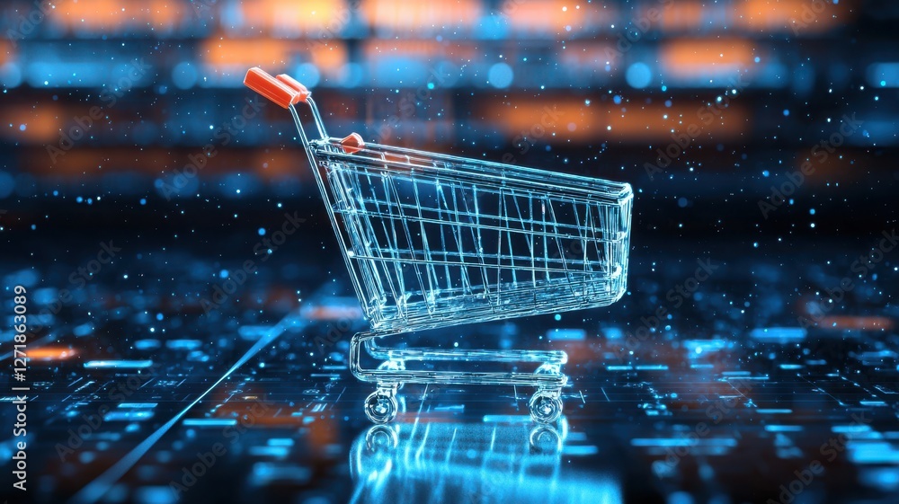 Poster e-commerce transaction automation. digital shopping cart on a glowing surface with a futuristic vibe