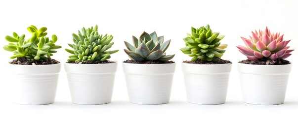 A row of white potted plants with green leaves