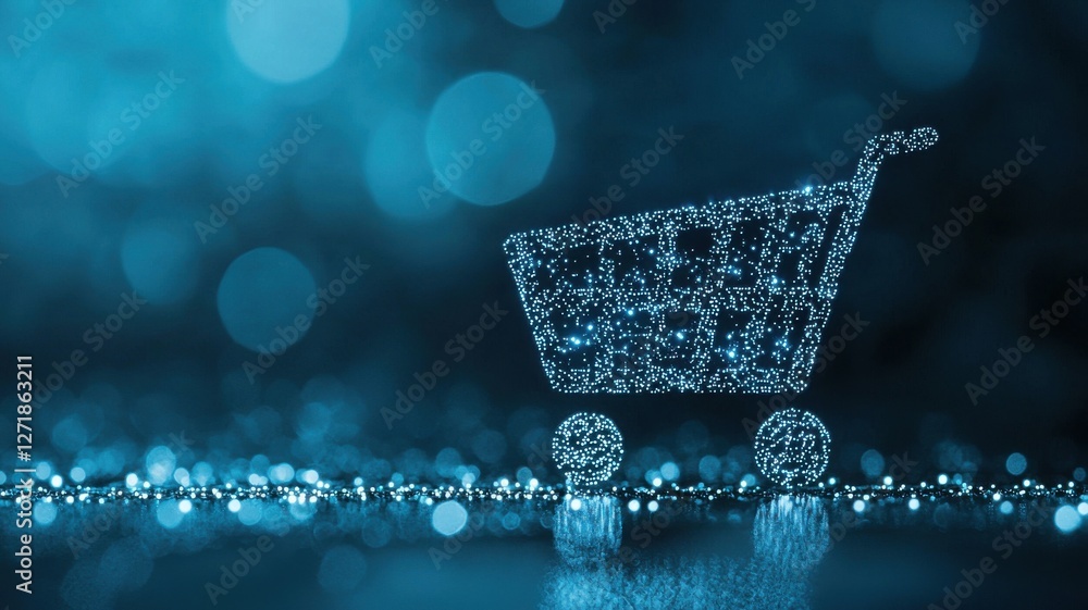 Poster E-commerce transaction automation. Digital shopping cart made of sparkling dots on a blue background.