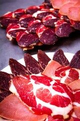 Sliced meat on a plate on a gray background