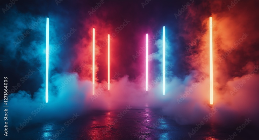 Poster colorful neon lights create atmosphere in a misty setting during a nighttime event