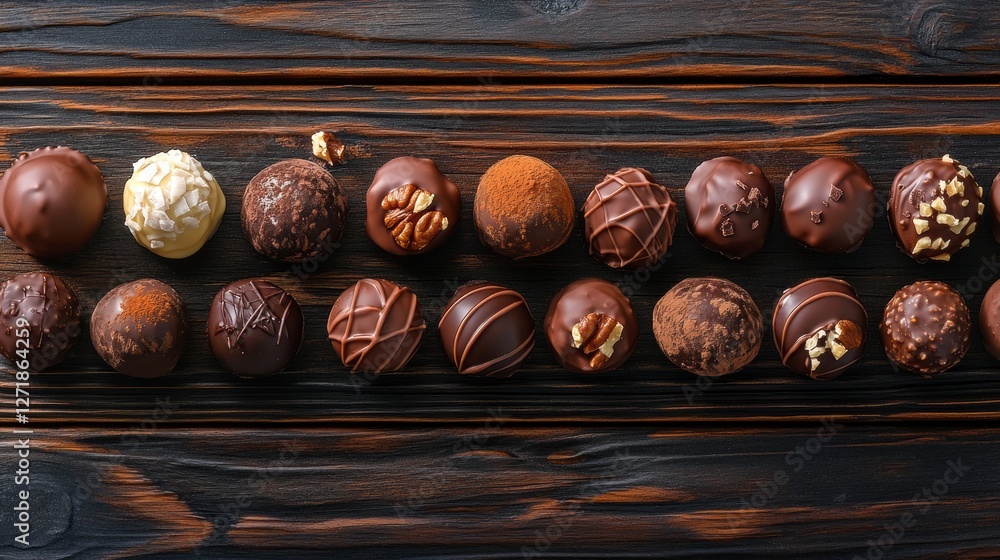 Poster assortment of handmade chocolate truffles on a rustic wooden surface arranged in a delightful patter