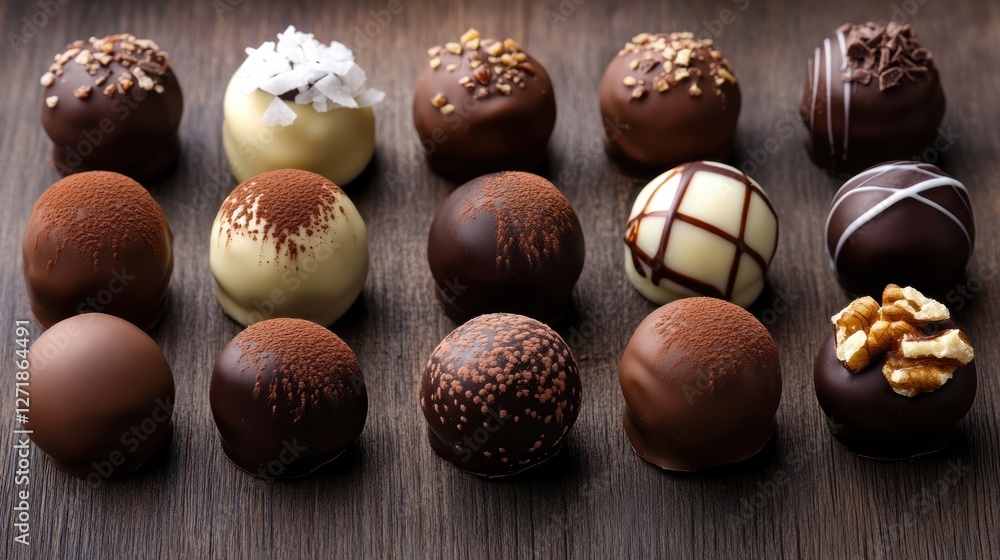 Poster decadent assortment of handmade chocolate truffles displayed on a wooden surface in soft lighting. g