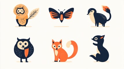 Fototapeta premium Cute cartoon forest animals, flat design, illustration, kids, animals, nature