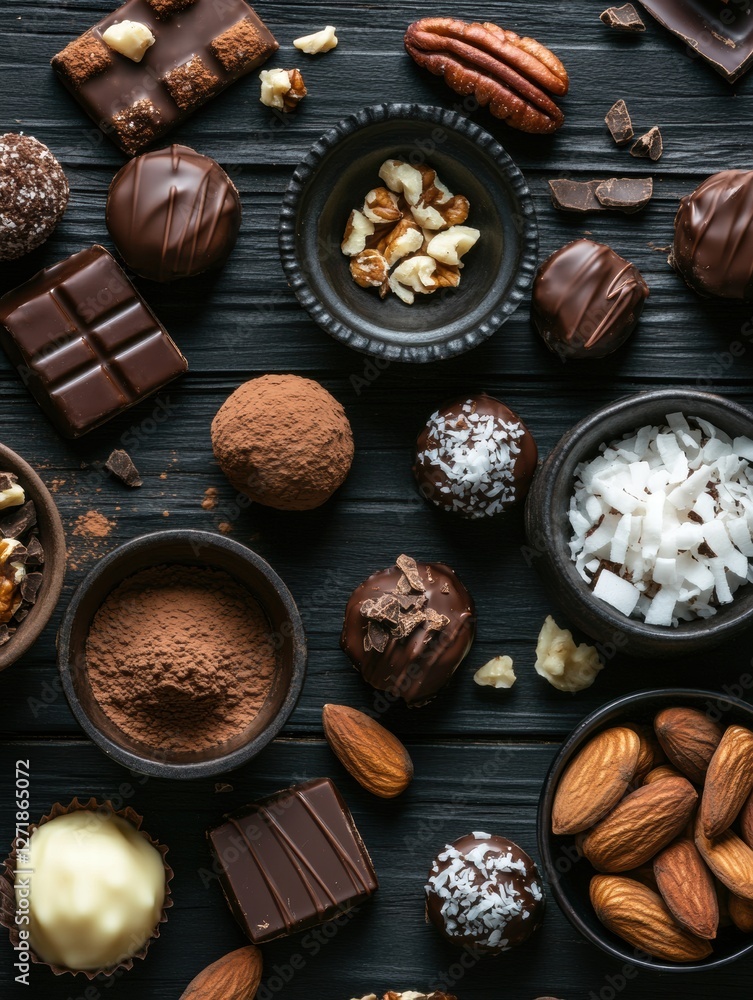 Poster tempting array of gourmet chocolates and nuts artfully arranged on a dark background. generative ai