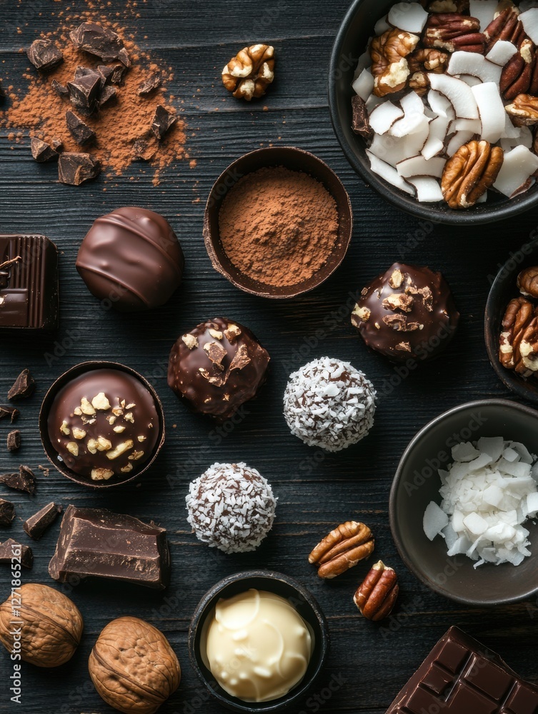 Poster decadent chocolate and nut assortment displayed on a dark wooden surface with various textures and s