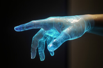 Fototapeta premium Artistic Hand Sculpture: An ethereal blue-glowing hand sculpture, a striking blend of art and innovation, floats against a stark background, its delicate veins visible.