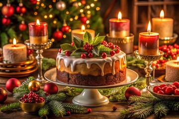 Festive Christmas Table Setting with Decorated Cake, Gourmet Food & Appetizers