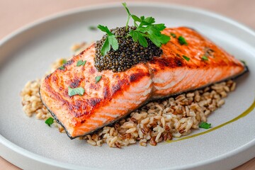 Gourmet salmon fillet served with caviar and grains for an elegant dining experience