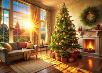 Festive Christmas Tree in Cozy Living Room, Warm Lighting, Winter Holiday Decor