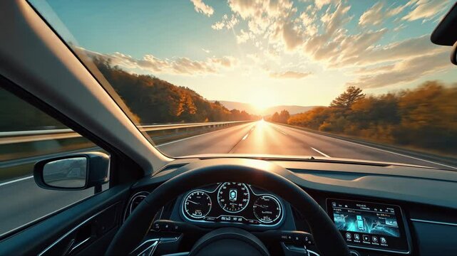 Car is driving down a road with a beautiful sunset in the background. view from inside of futuristic self driving car without human driver moving on road